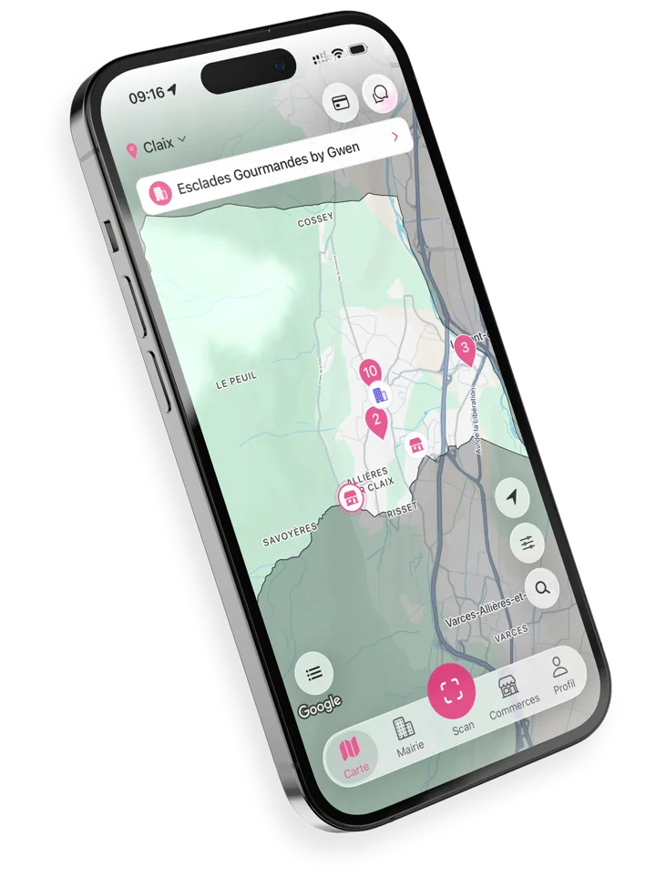 L’application PACTE sur un téléphone : la carte des commerces de Claix